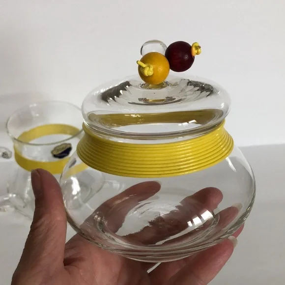 Vintage Rubel Crystal Retro Sugar Creamer  Yellow Banding Trim And Wood Beads - Picture 2 of 15